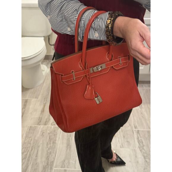Hermes Birkin 30 Red Leather Palladium Hardware Top Handle Bag - Picture 4 of 16